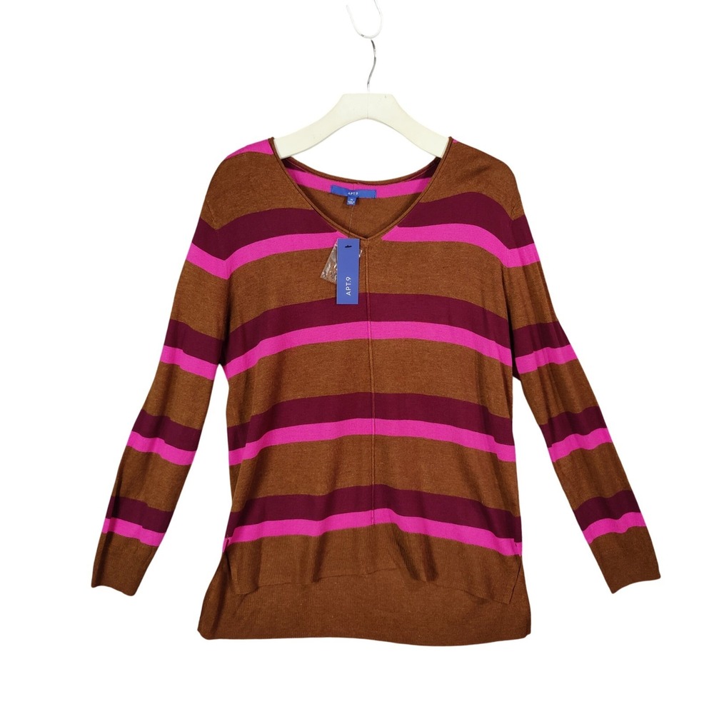Apt. 9 Womens Earthy Preppy Indie Mod Striped VNeck Sweater M Brown Pink NEW
